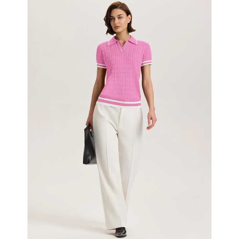 Elegant Women's Summer Cable Knit Sweater - Pink & White Stripe, Size X-Large - Picture 5 of 5